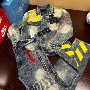 Reason Mens Blue Collared Denim Jacket And Straight Jeans 2 Piece Set Size L 38